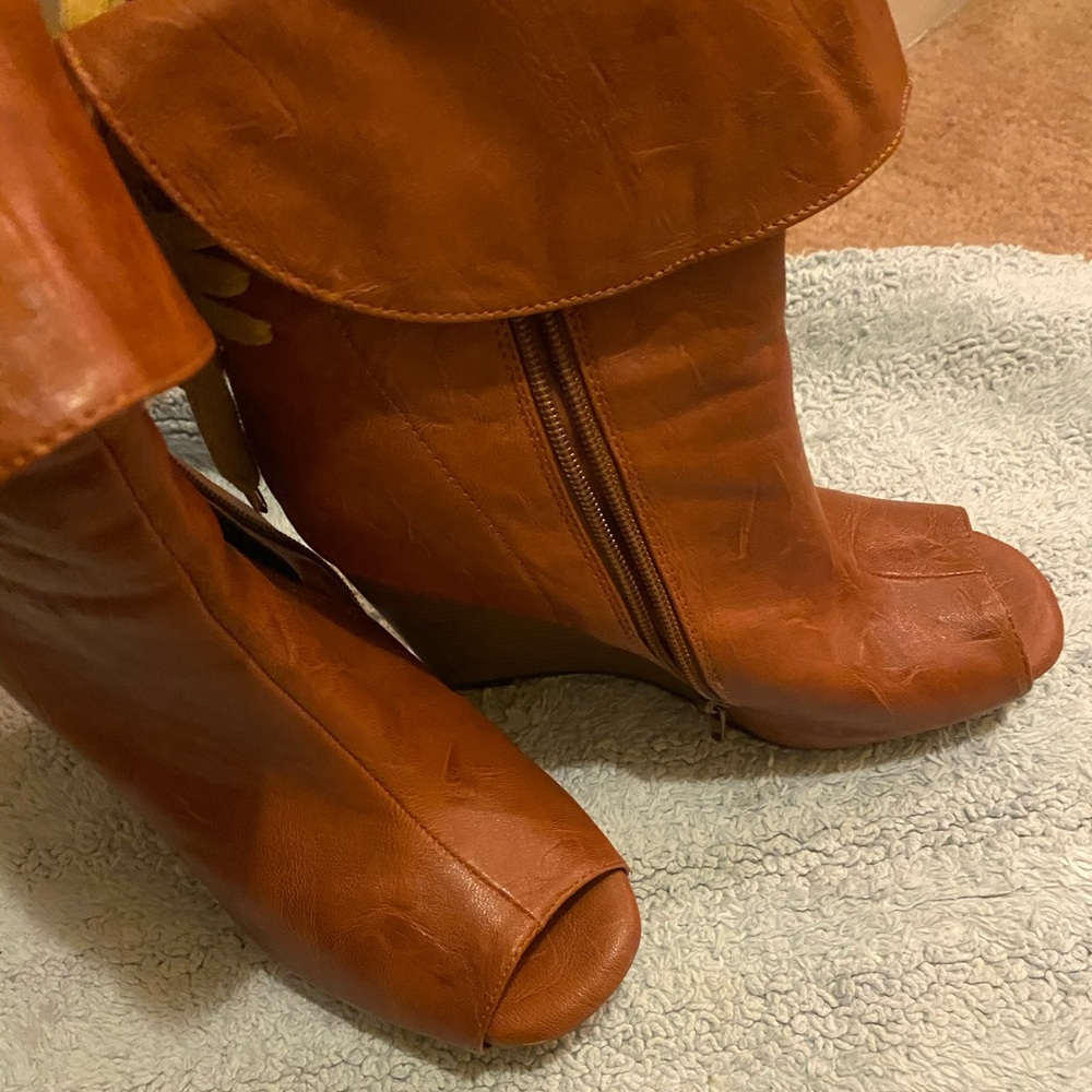 Dollhouse open toe wedge boots caramel colored